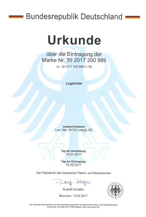 Deutsche Patenturkunde von Lugsicher