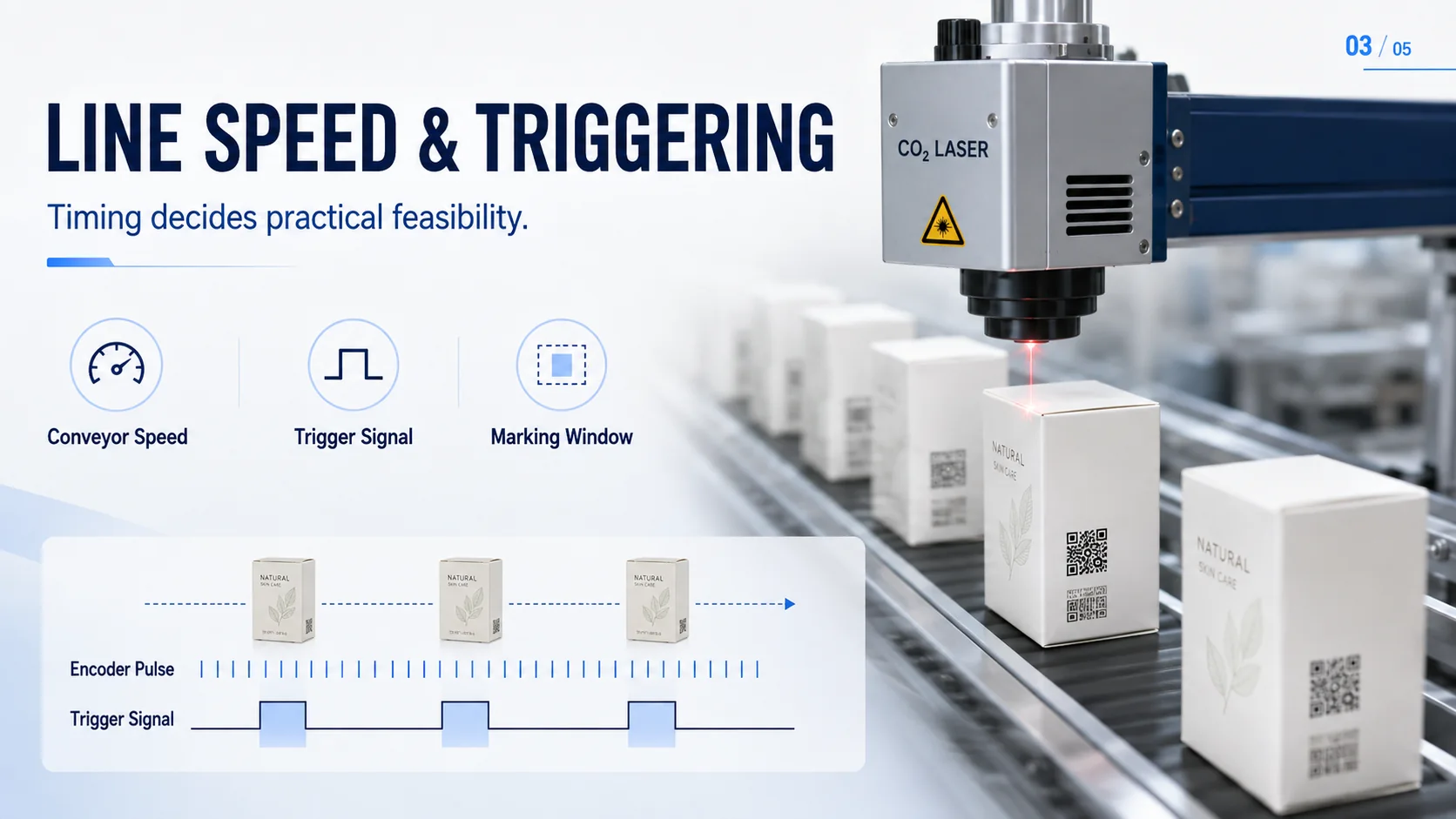 CO2-Laserbeschriftung synchronisiert mit Fördergeschwindigkeit, Triggersignal und Markierfenster