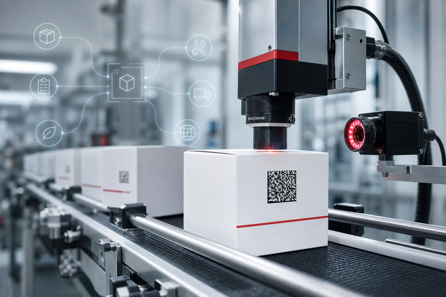 Industrielle 2D-Codemarkierung und visuelle Überprüfung für vernetzte Produktinformationen