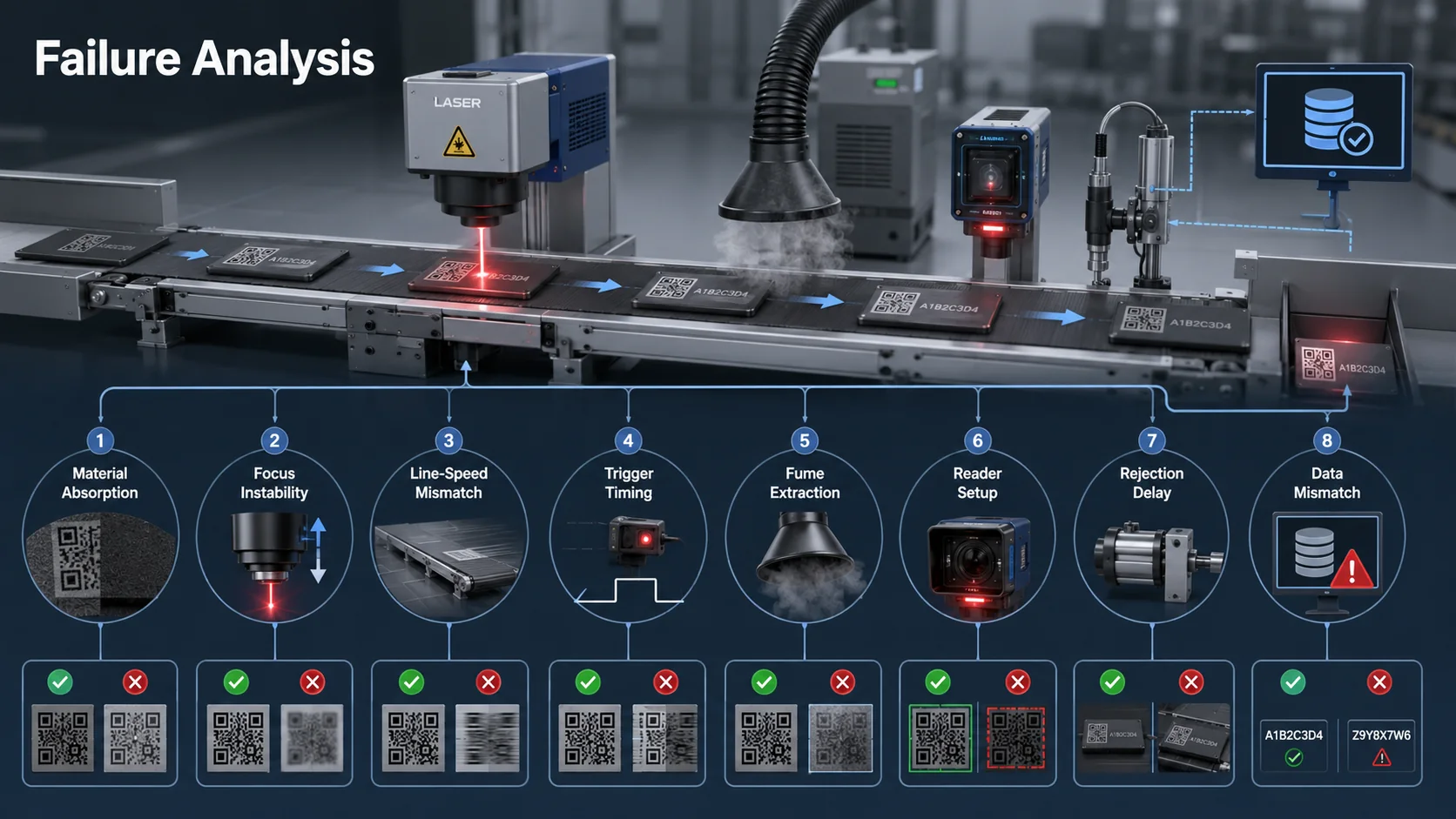 Analyse von Produktionsfehlern bei der Laserbeschriftung hinsichtlich Material, Fokus, Geschwindigkeit, Timing, Extraktion, Lesung und Daten