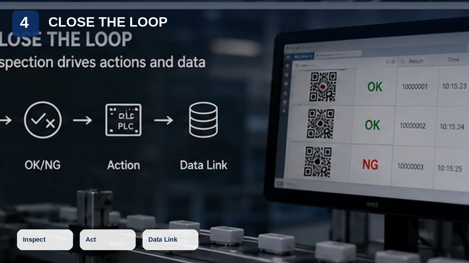 Closed-Loop-Vision-Inspektion, die OK- und NG-Entscheidungen mit SPS-Aktionen und Produktionsdaten verknüpft